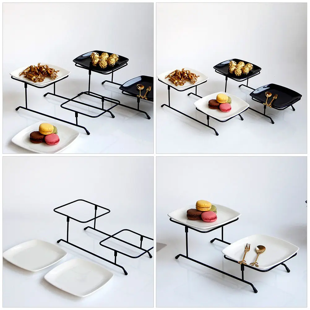 

1Set Ceramic Food Serving Tray Double Tier Stand Detachable Iron Rack Dessert Holder Cake Snacks Fruit Storage Plate for Party