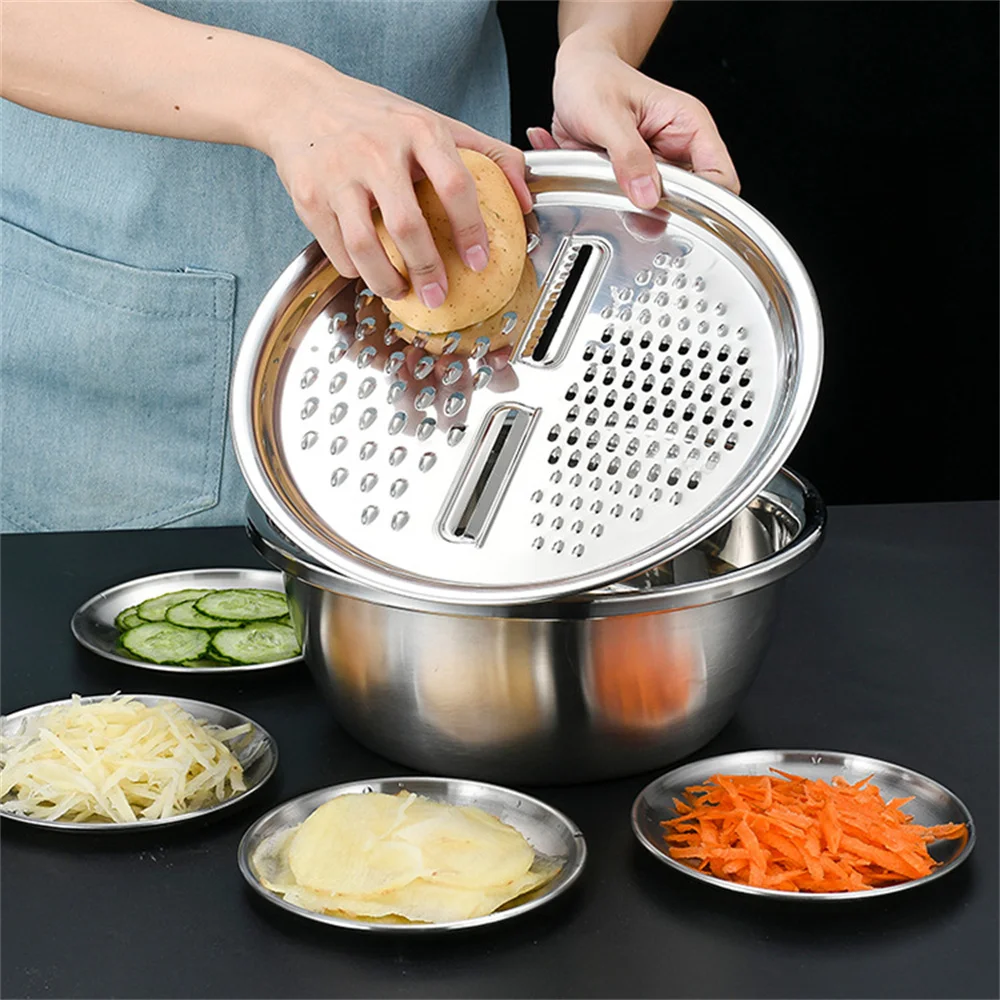 

3pcs Multi functional thickened stainless steel wire scraper basin, drain basin, kitchen rice washing screen, three piece set
