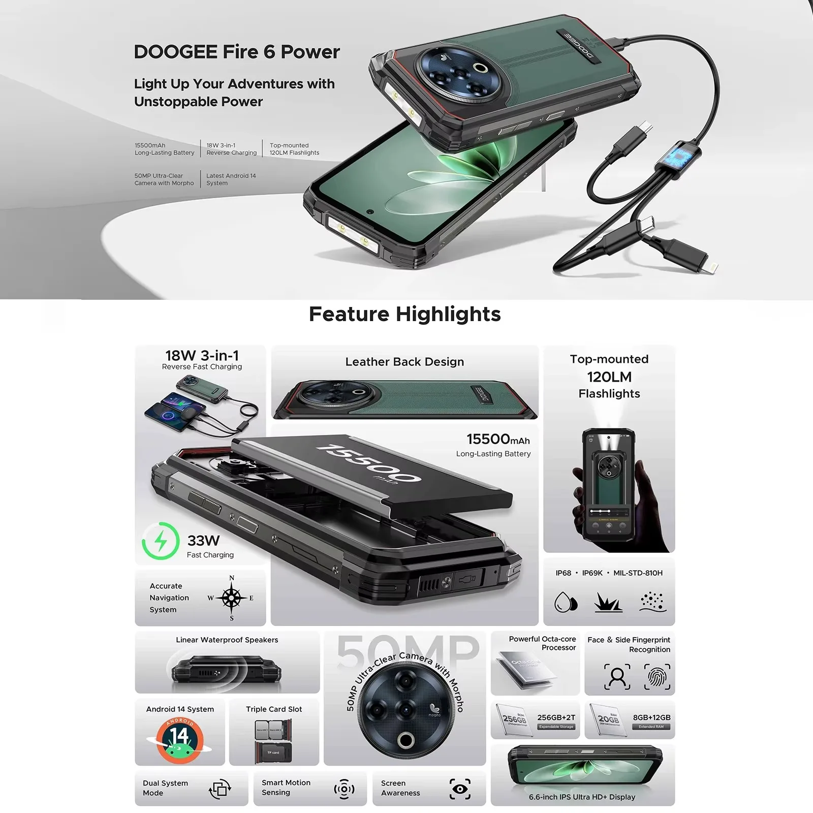 DOOGEE Fire 6 Power Robuuste Smartphone Android 14 8GB + 256GB 6.56 "90Hz Display 15500mAh 50MP Camera Spreadtrum T606 4G NFC Telefoon