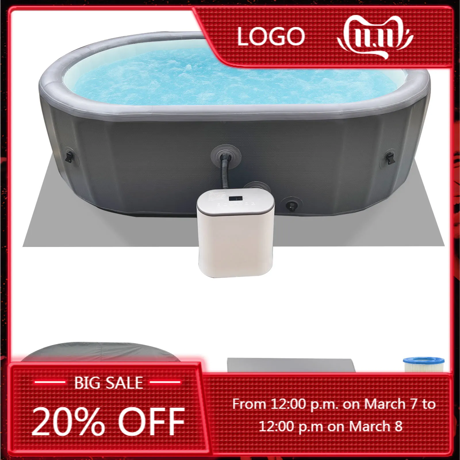 

STLF Family Size Inflatable Spa Tub with 180 Bubble Jets 3-4 People Capacity 104°F Max Heating PVC Material Complete Accessories