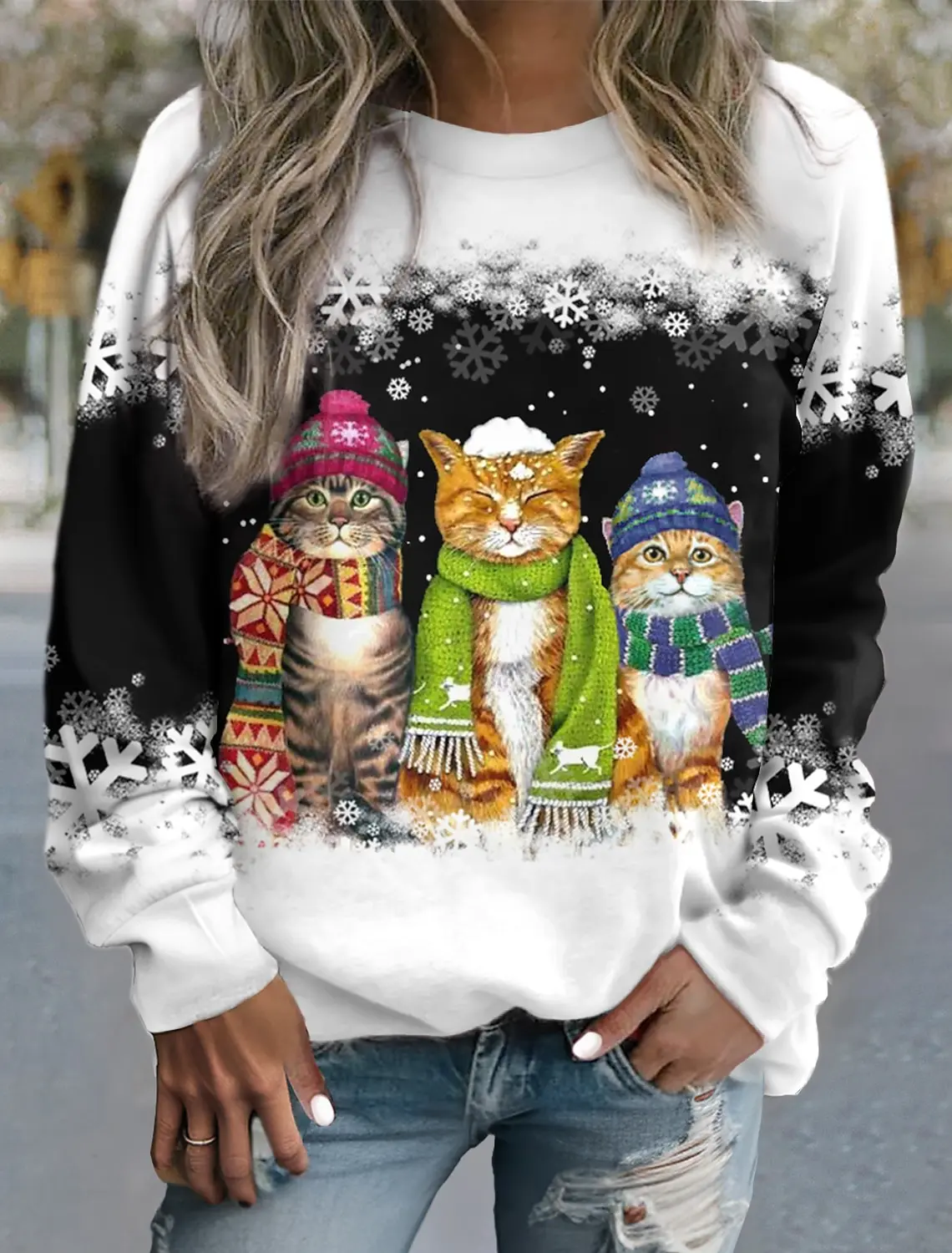 Women's Pullover Sweatshirt Cat Snowflake Casual Light Green Dark Pink Navy Blue Sportswear Festival Round Neck Long Sleeve Tops