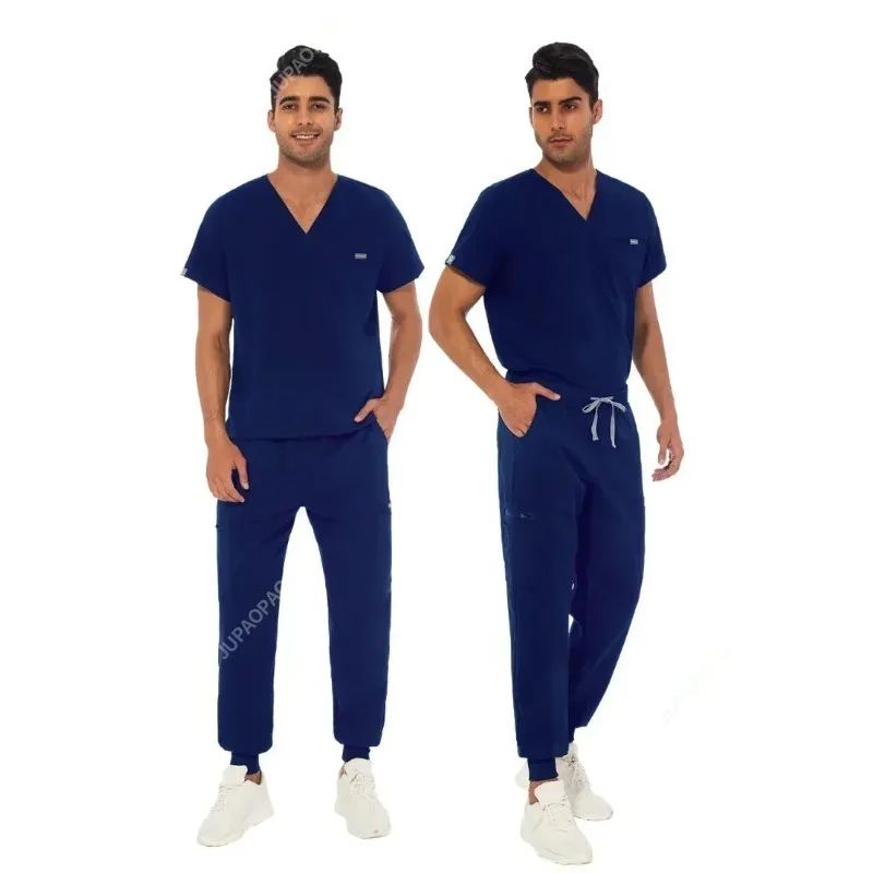 Men Pocket Nursing Uniform Nurse Short Sleeve V-neck Scrub Tops Doctor Working Clothes Medical Scrub Pants Uniforms Blouse Sets