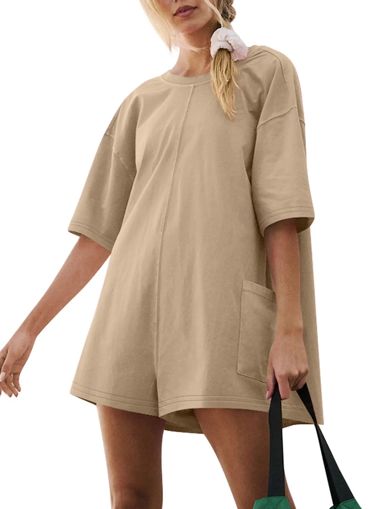 Women's Casual V-Neck Open Back Short Sleeve Loose Fit Pocket Jumpsuit | 2025 Summer New Arrival