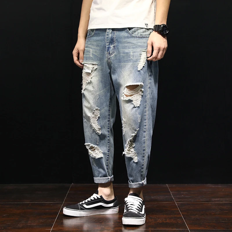 

Summer Thin Men's Distressed Denim Jeans Straight Leg Loose Fit Korean Style Retro Japanese Style Trendy Broken Hole Jeans