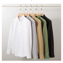 2024New Men's Long Sleeve Oxford Solid Color Fashion Casual Trend Front Chest Pocket Regular Fit Button Lapel Men's Shirt