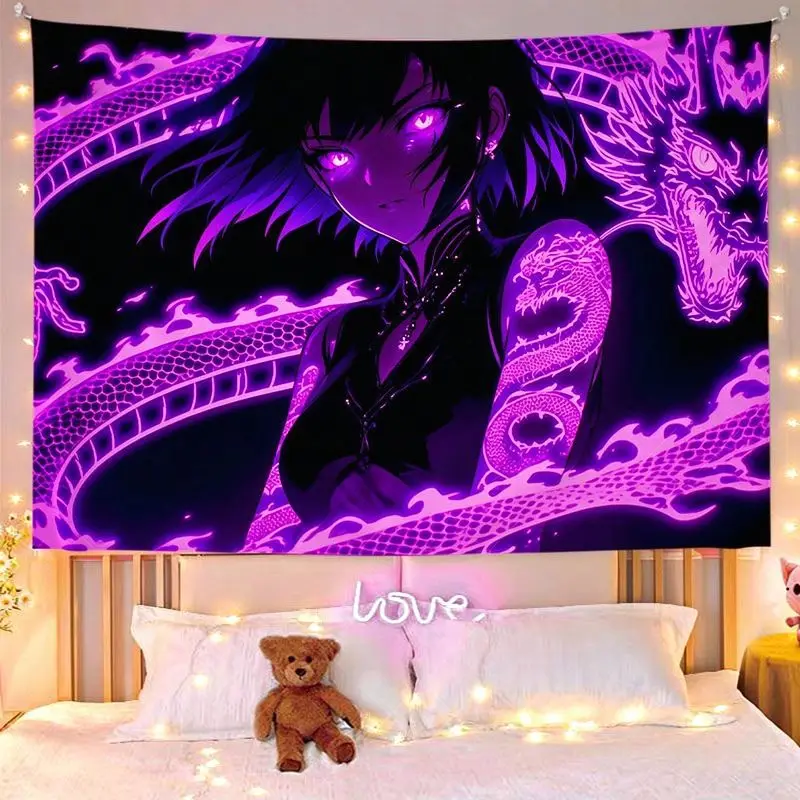 VIKAMA Blue UV Anime Girl Dragon Tattoo Tapestry Home Art Piece Wall Decor Bedroom Dorm Blacklight Cool Soft Durable Cozy Gift