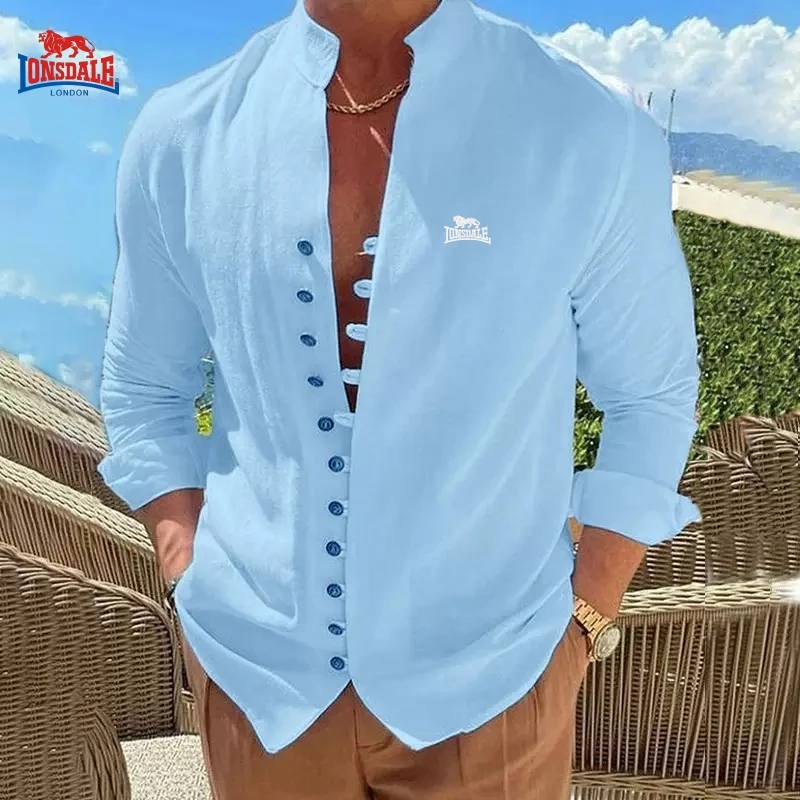 قميص رجالي جديد عالي الجودة من القطن والكتان بياقة هنري وأكمام طويلة، قميص عصري وكاجوال ومريح ومتعدد الاستخدامات