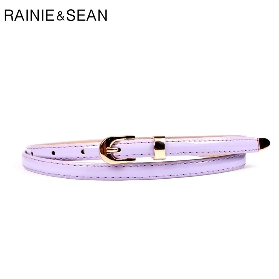 

RAINIE SEAN Purple Gold Buckle Thin Ladies Leather Belt Women Pin Buckle Fashion Narrow Solid Female Waist Belt for Dresses