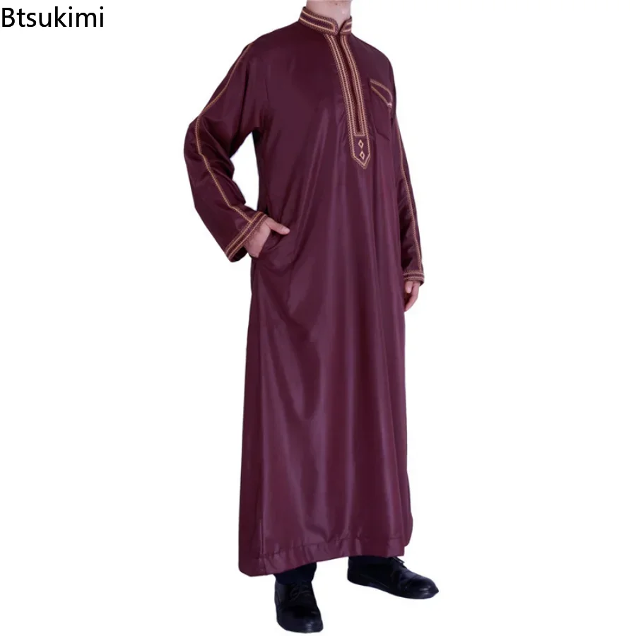 Nowy 2025 Abaya Islam mężczyźni szata sukienki muzułmańskie Djellaba Homme moda koszule w jednolitym kolorze arabska sukienka etniczna odzież męska