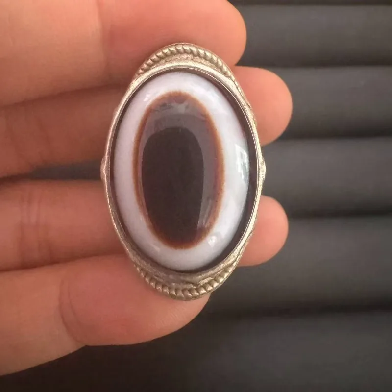 Tibetischer Silberring, Seidenaugen-Achat Medizin-Buddha Schafaugen-Rundachat Vintage Ethnischer Unisex-Daumenring – Detail 1