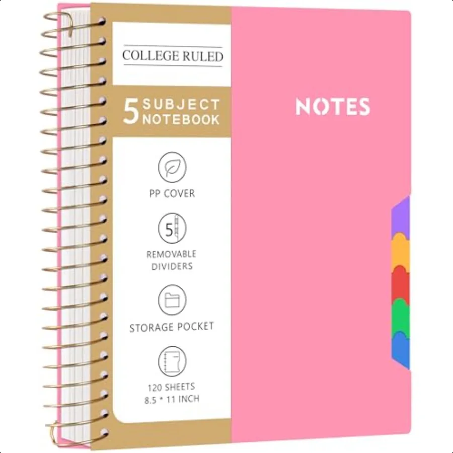 Spiral Notebooks for School Work with Removable Dividers Tabs 8.5 x 11 5 Subject Notebook College Ruled Large Lined Journaling