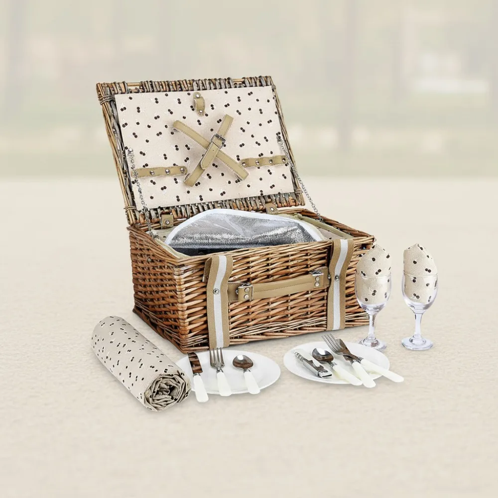 

Premium Willow Picnic Basket Set for 2 with Cooler Bag & Waterproof Blanket, Outdoor Camping Gift