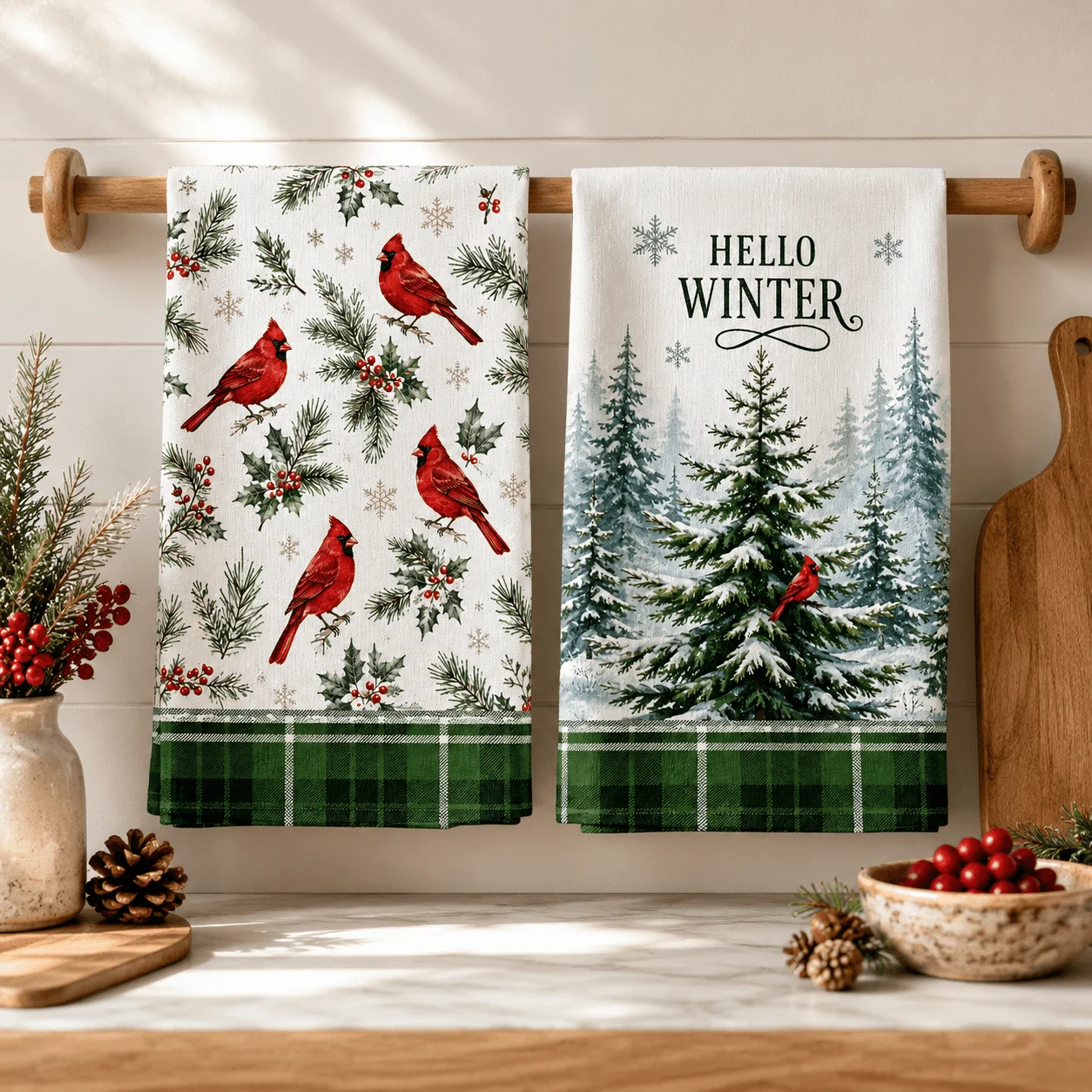 2 North American Cardinals Winter Forest Pattern Kitchen Towels Scrubber Dishtowels