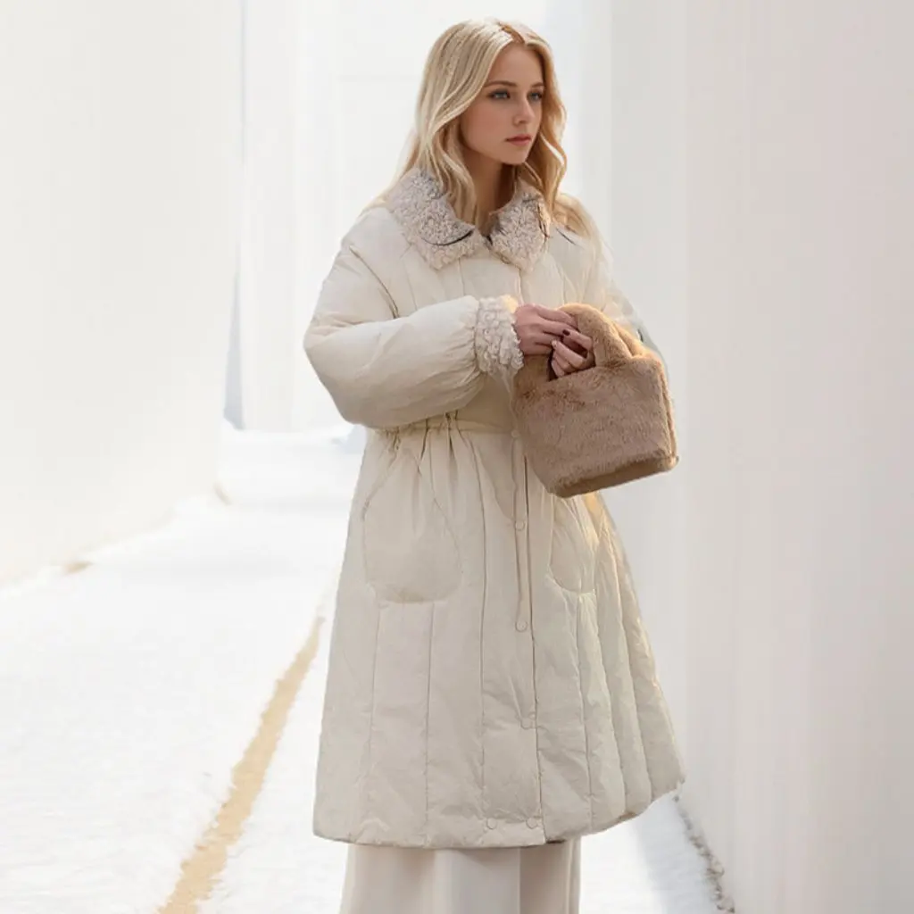 Giacca lunga imbottita in cotone da donna Nuovo cappotto in vita sopra il ginocchio con capispalla invernale con cuciture in lana di agnello