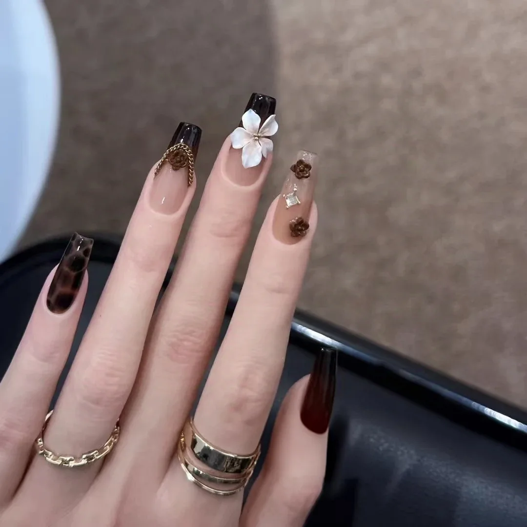 10Pcs Handmade Y2K Fake Nails with Retro Brown Leopard Print Coffin Press on False Nails Wearable Finished Full Cover Nail Tips