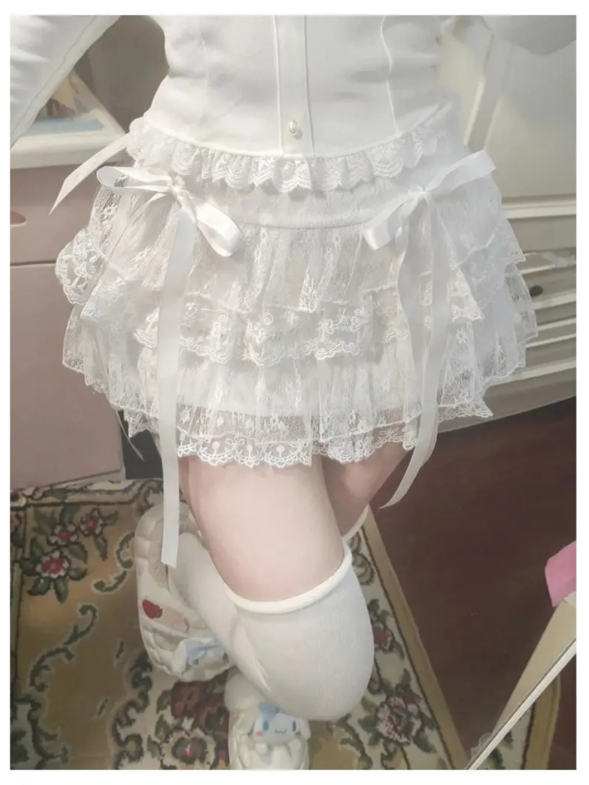 

Pure Color Lace Puffy Skirt Street Sle mid Waist A-Line ort Skirt for Women 8-24 Years Old Spring Season Regular Thin