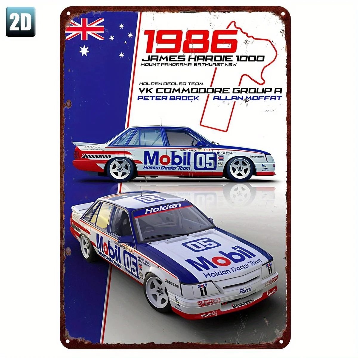 Vintage 1986 Hardie 1000 Racing Tin Sign——Oil Vk Commodore Group a Rally Tribute, Featuring Peter Brock and Allan Moffatt, Retro Met
