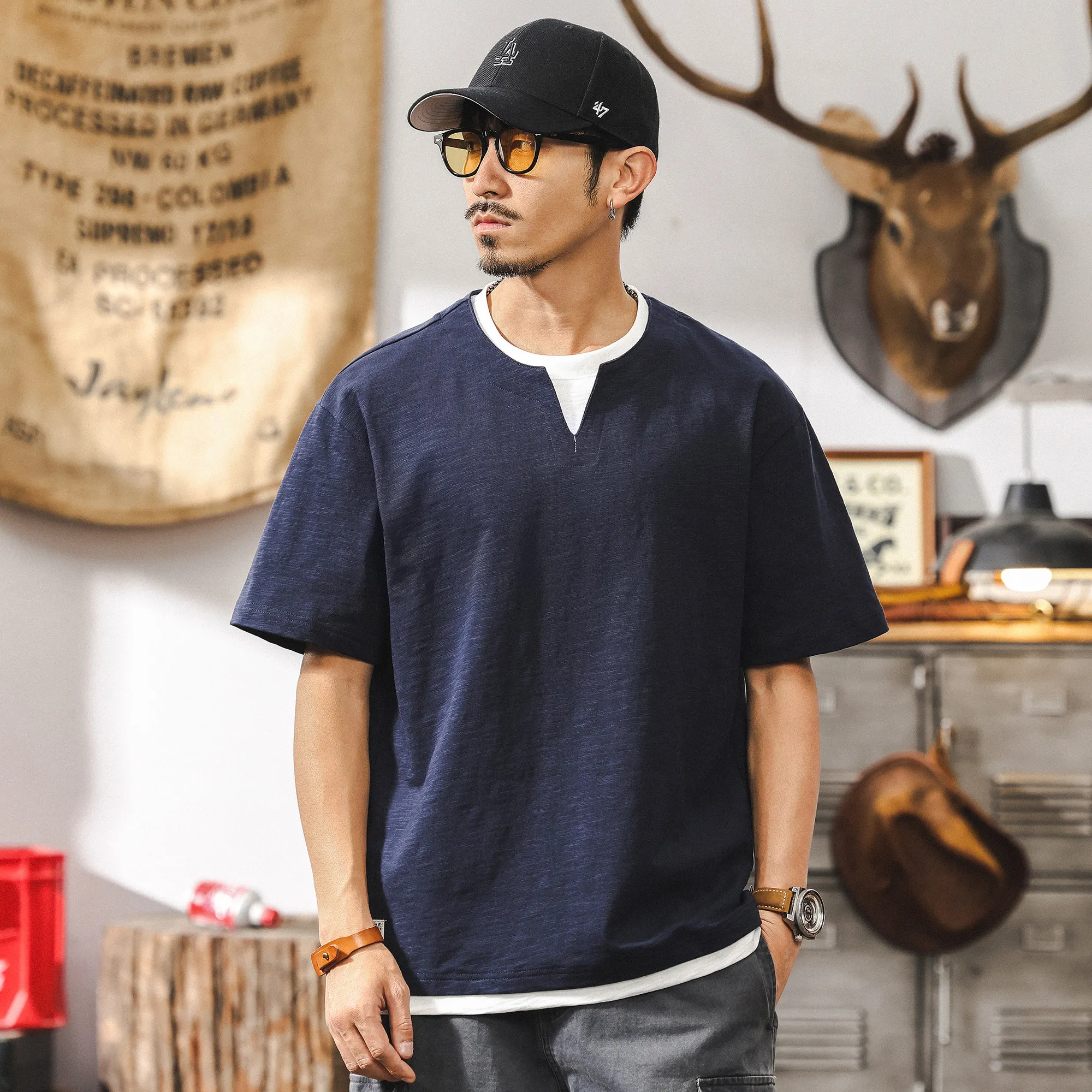

Vintage Men's Fake Two-Layer Slub Cotton Short Sleeve T-Shirt Lightweight 230gsm Patchwork Crew Neck Top Loose Fit Summer Tee