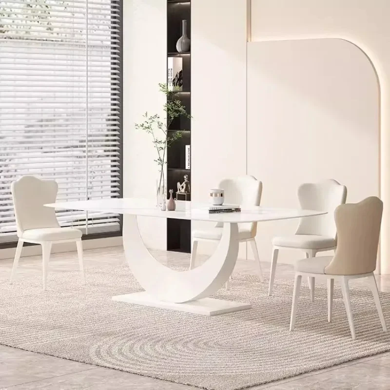 

(Sea shipping) Pure white rock slab dining table and chair combination rectangular ho dining table