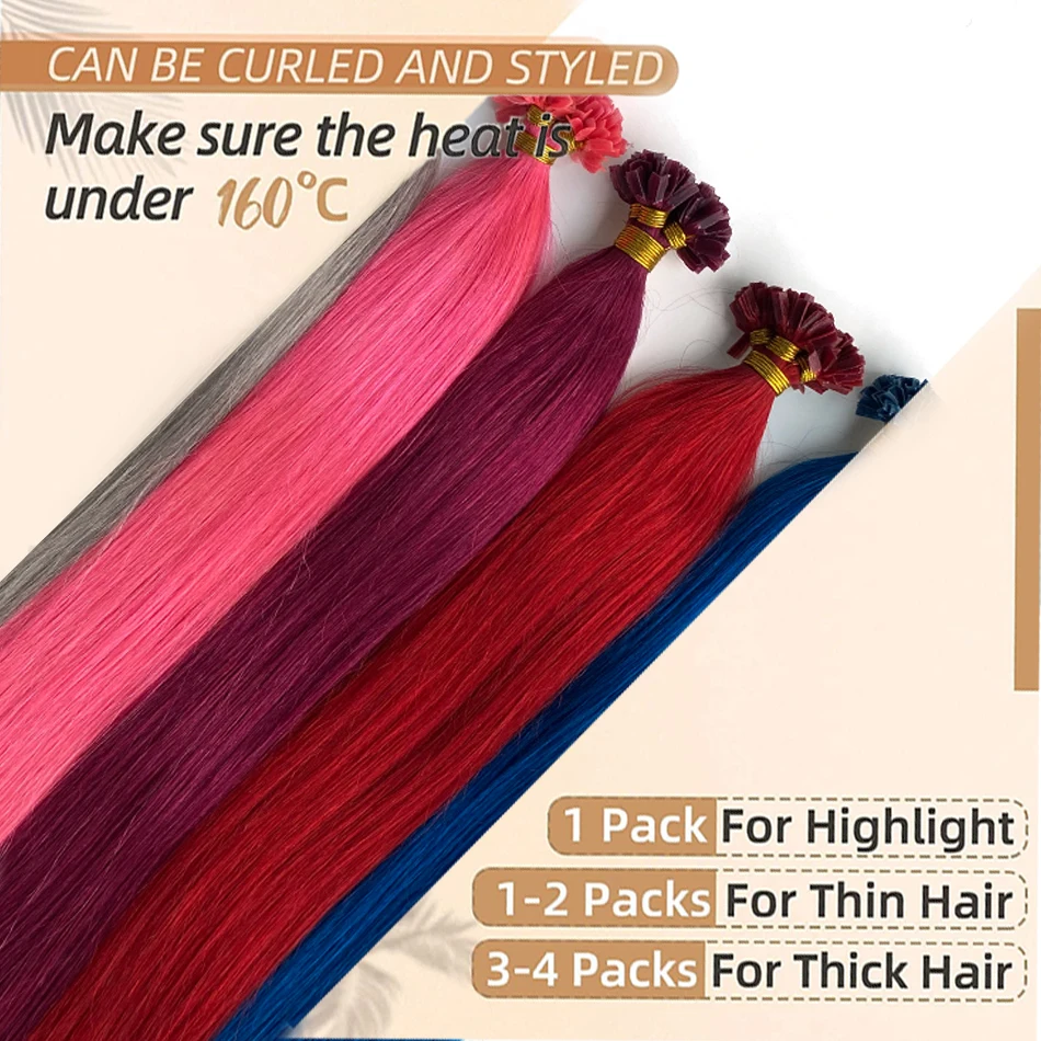 Straight V tip hair extensions natural remy hair pre bonded keratin Capsule human fusion hair extensions bule pink red color