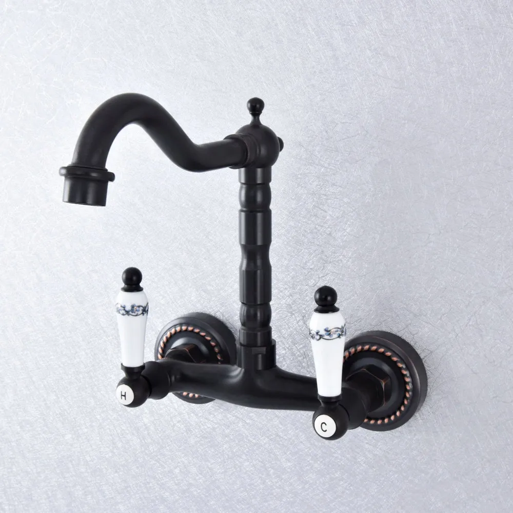 

Black Oil Rubbed Brass Dual Handles Wall Mounted Kitchen Bathroom Swivel Spout Faucet Mixer Tap asf746