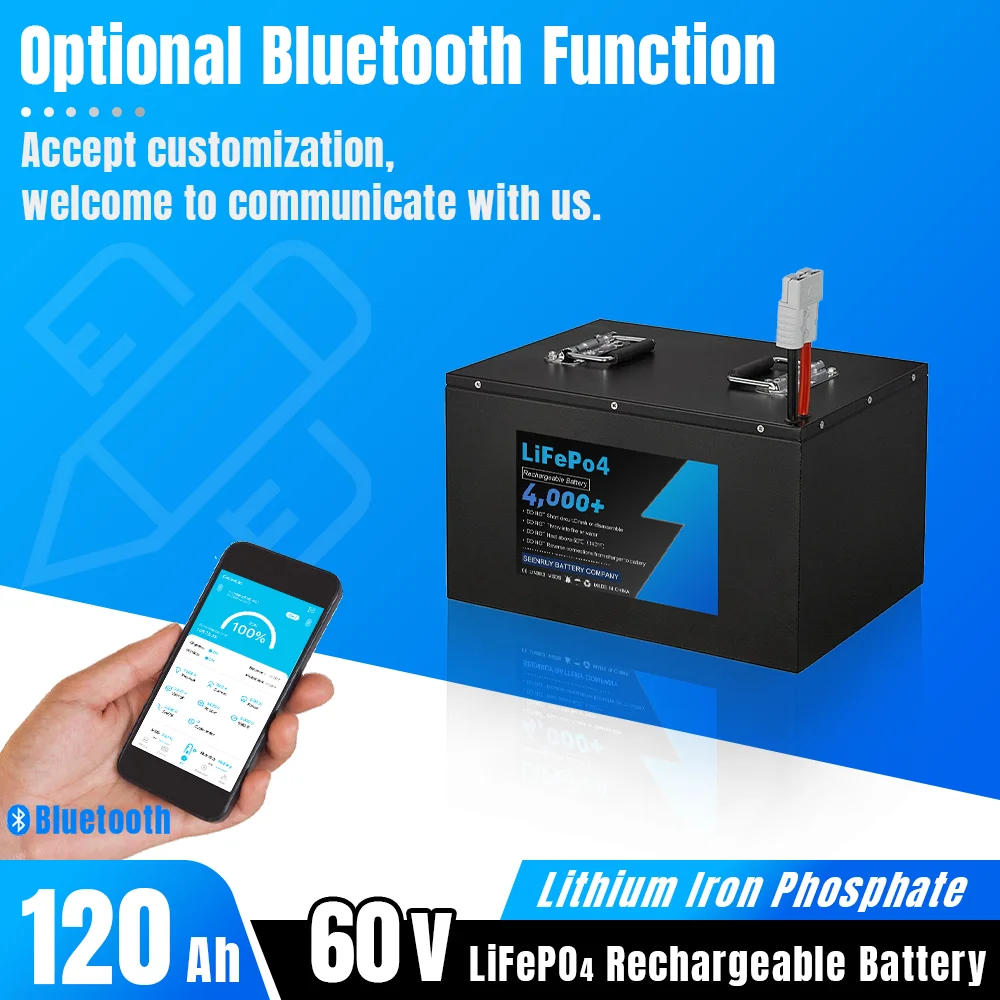 60V 120Ah Lifepo4 Battery Pack Deep Cycle Rechargeable Built-in BMS Optional Bluetooth for Tricycle Golf Cart +Charger