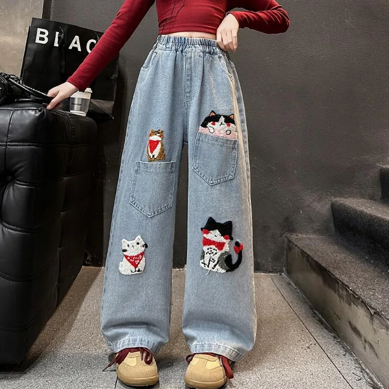 Neue Design Kinder Katze Bestickt Gedruckt Jeans Für Mädchen High Fashion Streetwear Denim Hosen Kinder Trendy Cartoon Hosen