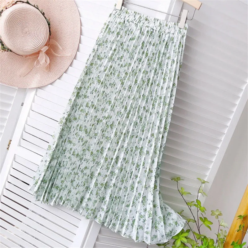 

Women Skirt Summer Print Floral Chiffon Skirt A-Line High Waist Pleated Midi Skirt Boho Beach falda