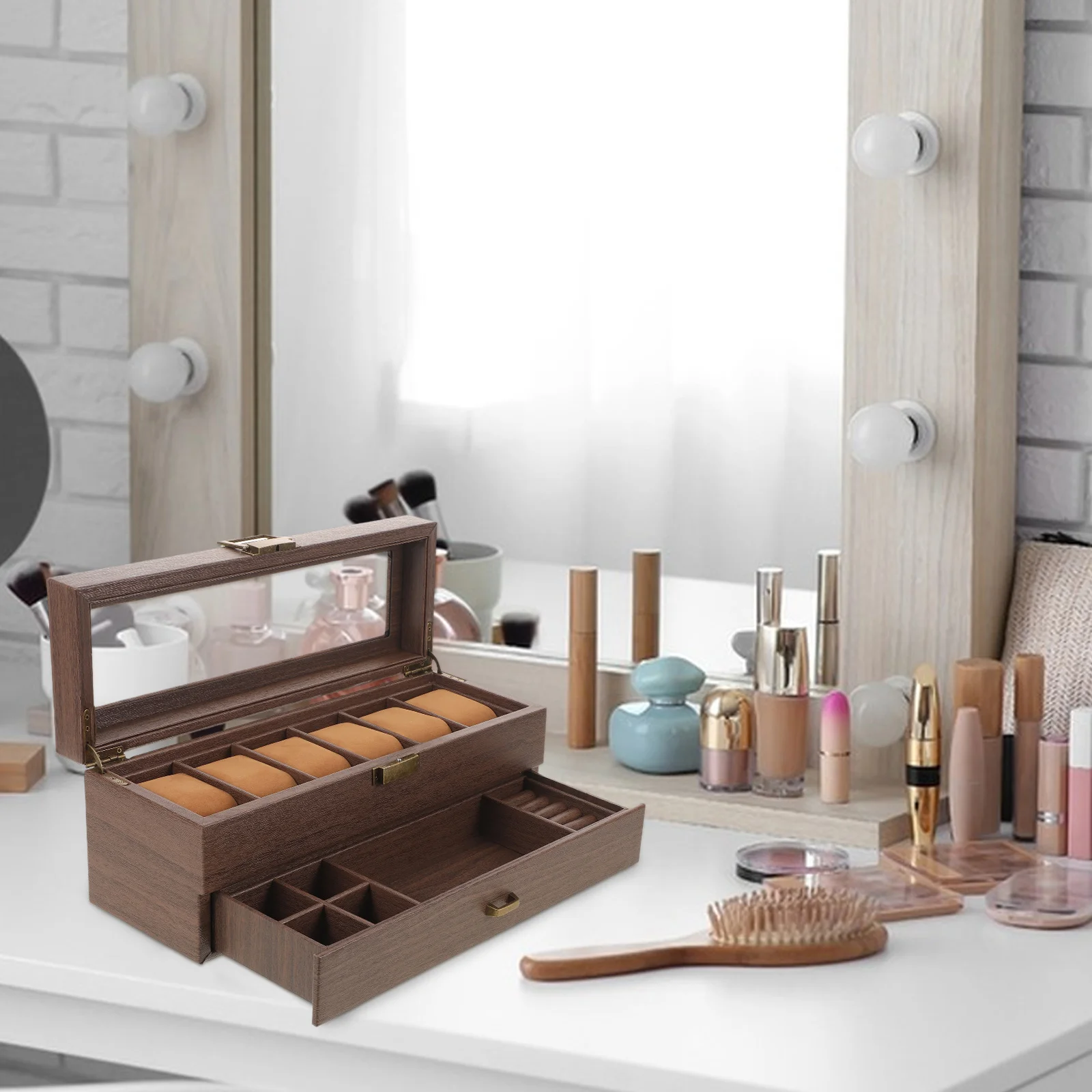 

Compact Portable Wooden Watch Box 2 Slot Organizer with Glass Lid for Travel and Home Display Watch and Bracelet Box