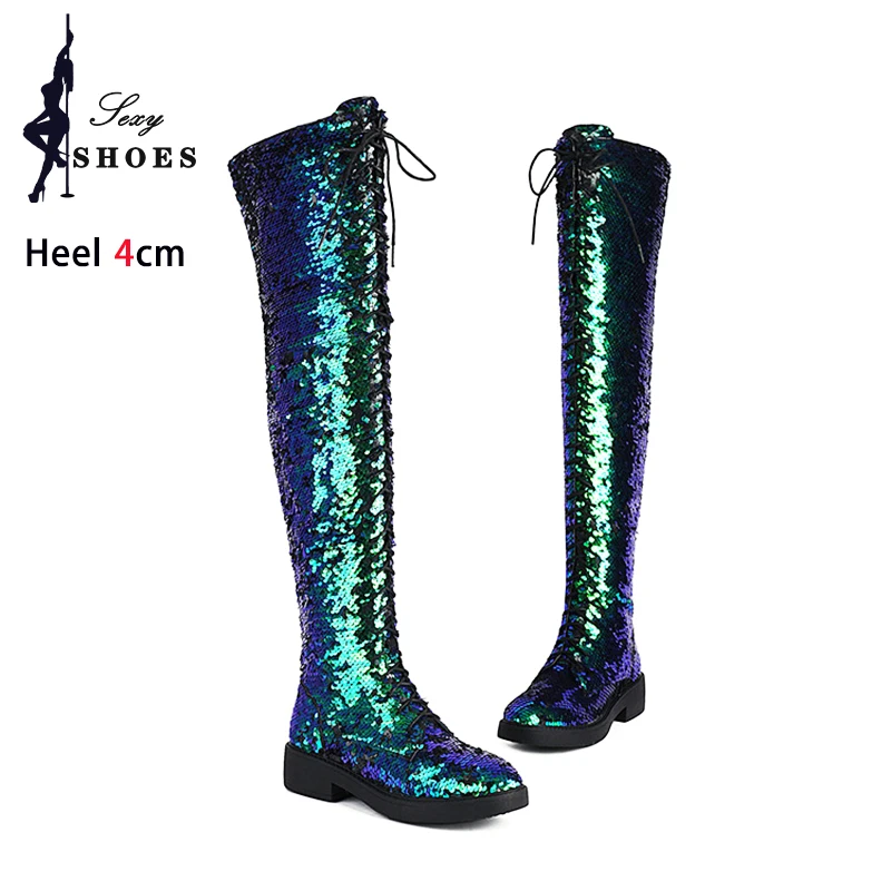 Women Over The Knee Boots Winter Fashion Sequined Shoes Big Size Club Fetish Ladies Shoes Sexy Flat Thigh High Designer Boots