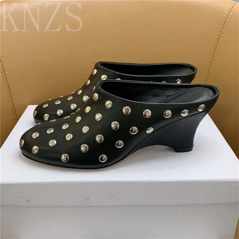 

Summer New Round Toe High Heel Fashion Women Slippers Concise Sexy High Heels Genuine Leather Rivet Decor Casual Slippers Women