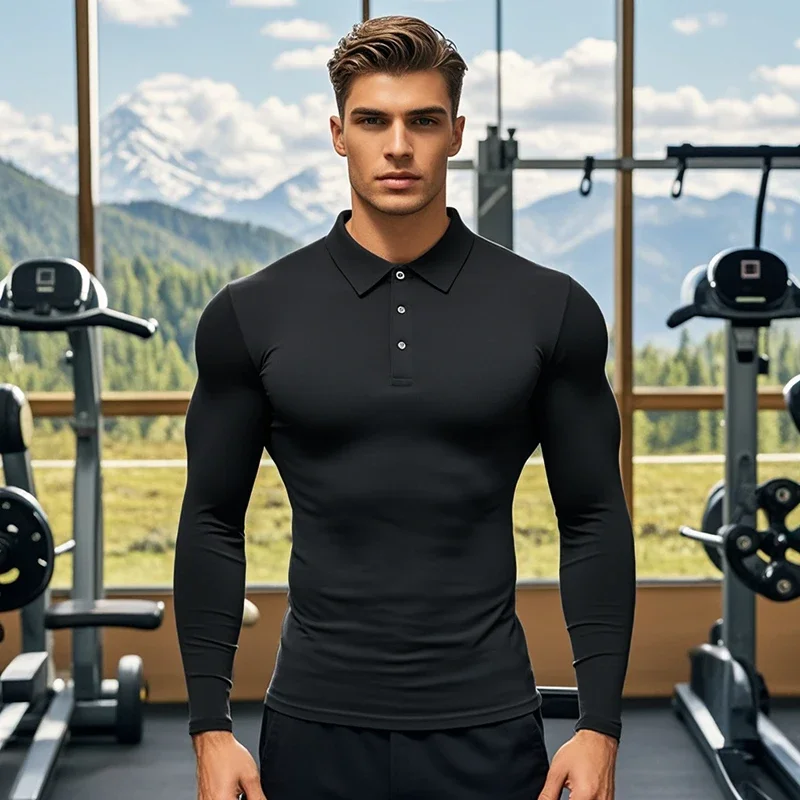 Spring Long Sleeve Polo Shirts for Men Moisture Wicking Muscle Shirts Quick Dry Work Hiking Casual Button Collared T-Shirts