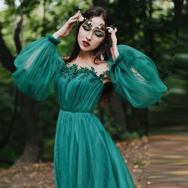 Photography Layered Long Evening Gowns Lush Sleeves Hunter Green Party Dress Beads Custom Color Robe De Soiree Vestido De Festa Dresses AliExpress