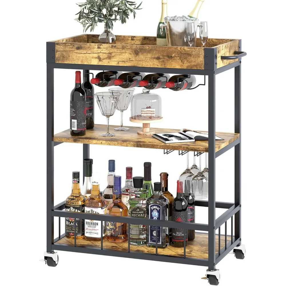 

3-Tier Rolling Bar Cart with Wheels, Vintage Wood Metal Design, Removable Tray for Wine and Glass Storage