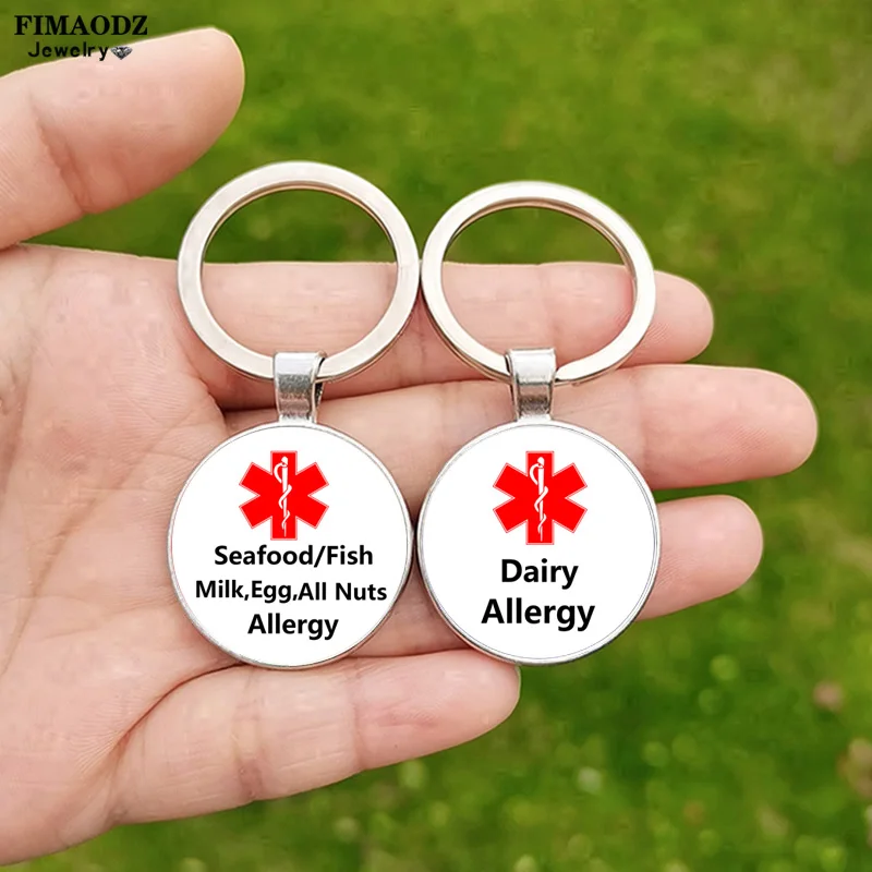 Milk,Egg,Seafood Fish Dairy Wheat All Nuts Allergy Keychain Medical Alert Symbol Glass Cabochon Pendant Key Ring