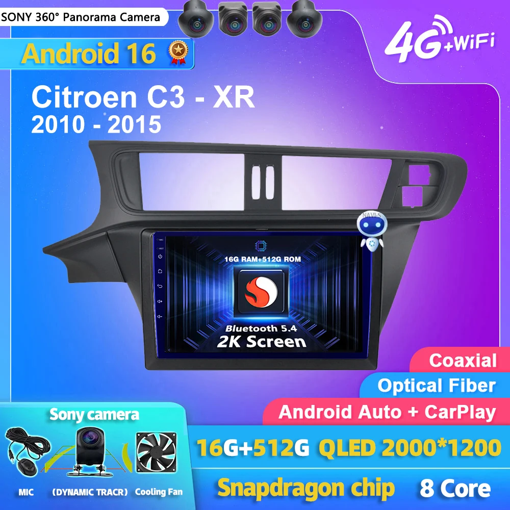 Qualcomm Android 16 Carplay Auto 2K Screen Car Radio Multimedia Player For  Citroen C3 - XR 2010 - 2015 2 din Autoradio Stereo