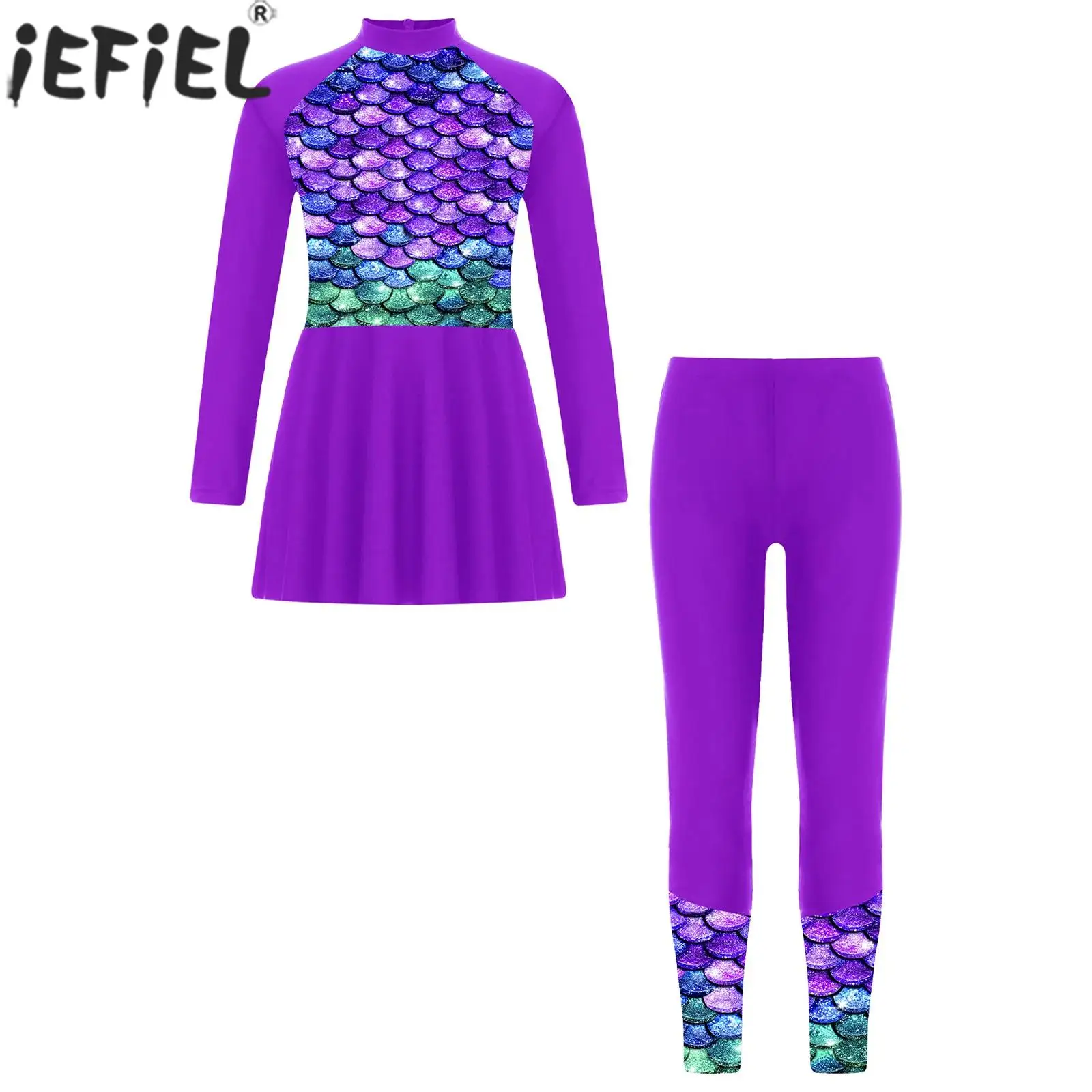 

6-16Y Girls Swimwear Set Long Sleeve Print Dress with Pants Bathing Suit Sun Protection Rash Guard Pool Party Beach Swimsuit