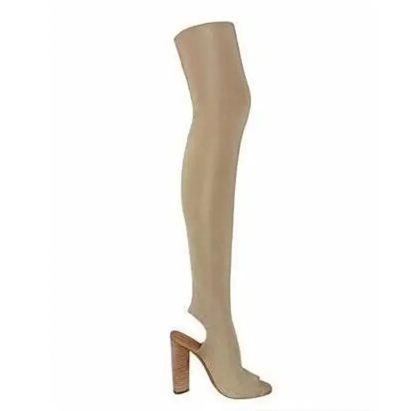 Thin Over the Knee Sock Peep Toe Boots Knit Stretch Women Boots Square Heels Shoes Sexy Party Dress Spring Autume Shoes Slio On
