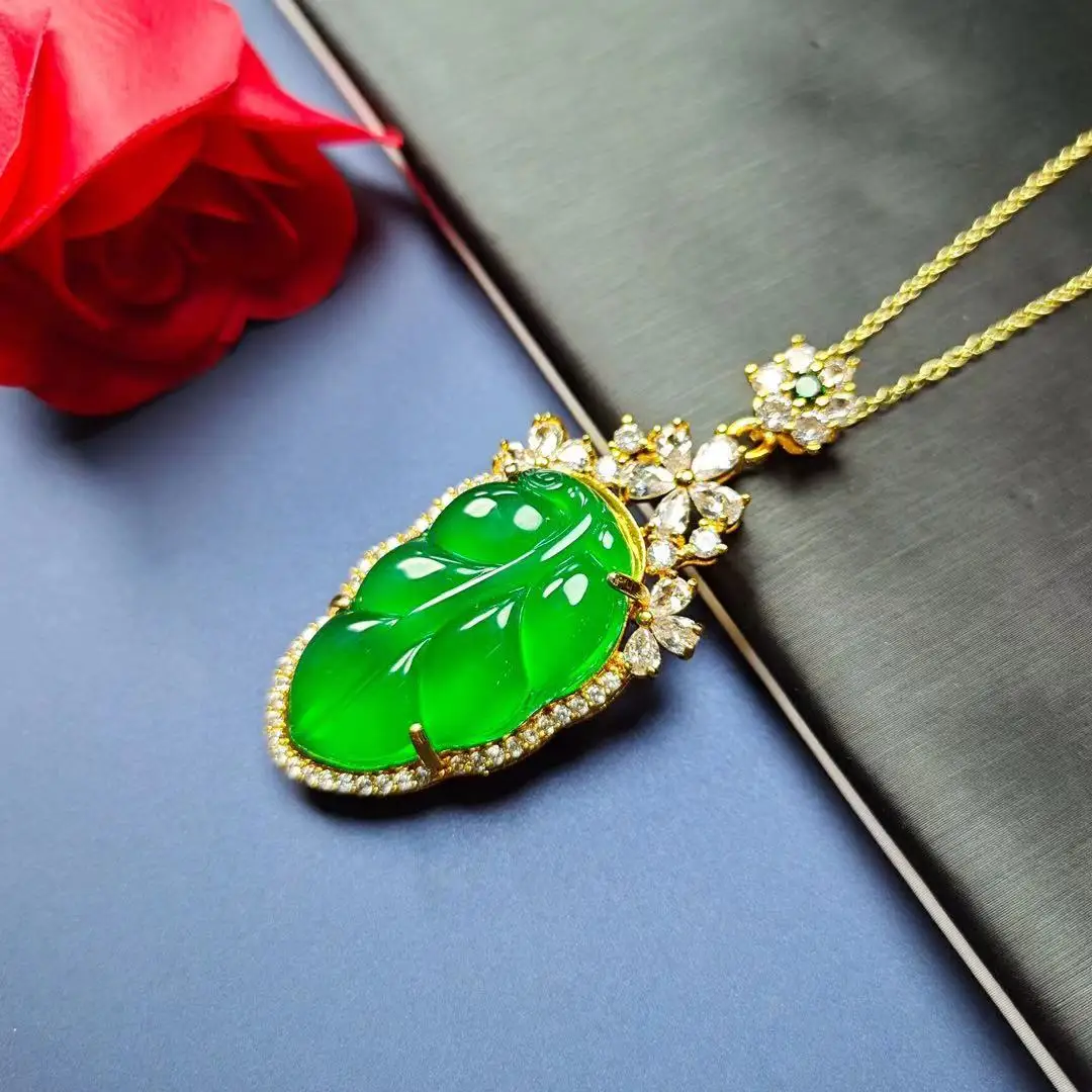 

Natural Ice Chalcedony leaf Pendant 925 necklace Fine Jade Stone Jewelry Women String Accessories