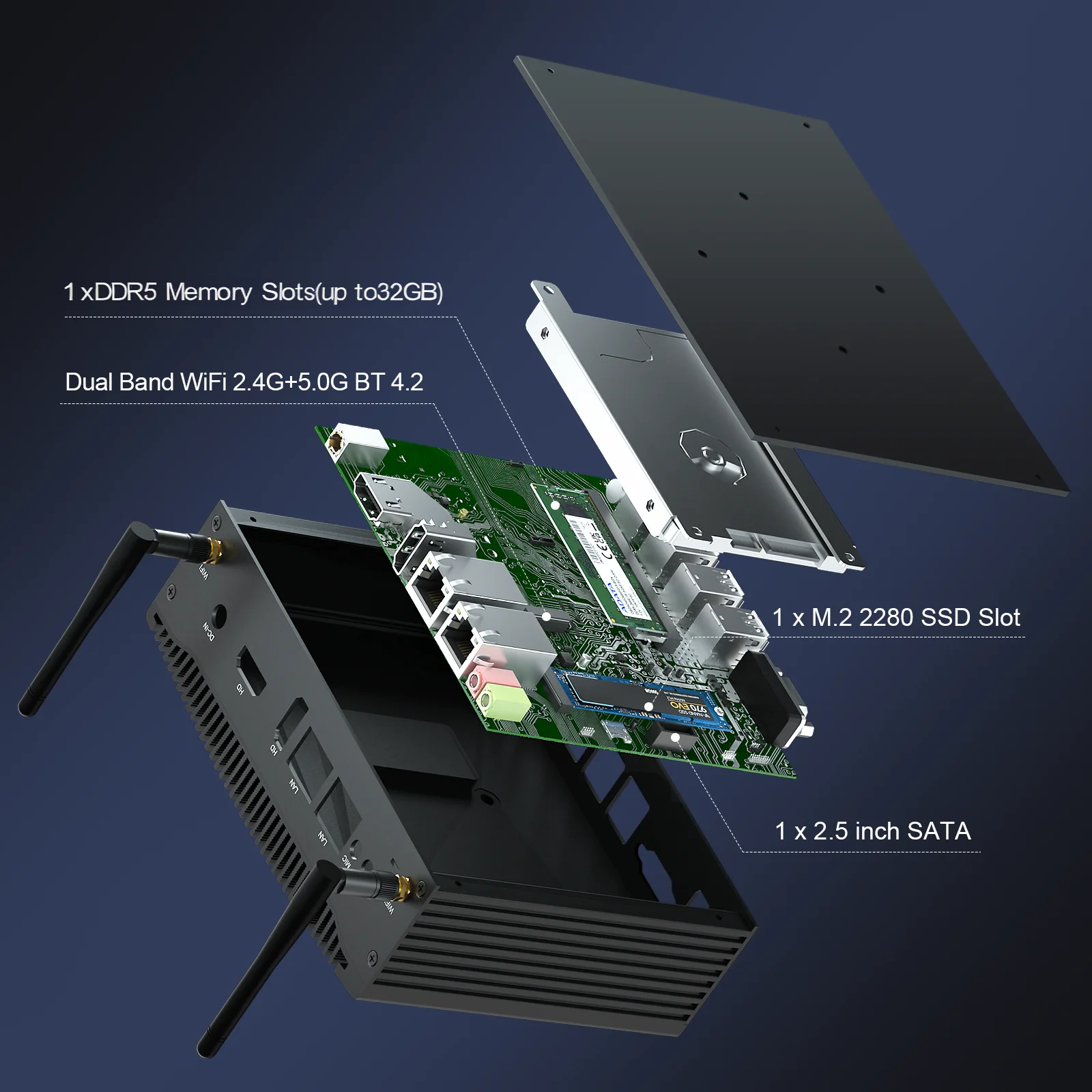 Home Theater/Gaming/Ufficio HYSTOU Mini PC industriale H7 Core i5-1235U 2× HDMI 2× RJ45 PC 8× USB 2× DB9 RS232