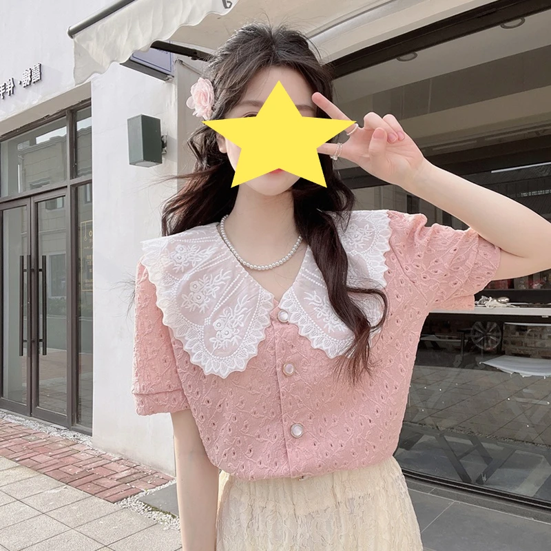 Sweet Lace Patchwork Shirt Tops Summer New Solid Color Loose Short Sleeve Hollow Out Elegant Blouse Fashion Trend Women Clothing