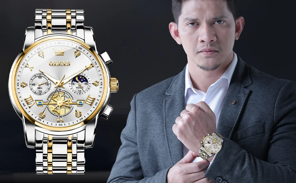 OLEVS 2856 Quartz Watch for Men Flywheel Skeleton Chronograph Moon Phase Multifunctional Stainless Steel Men's Wristwatches