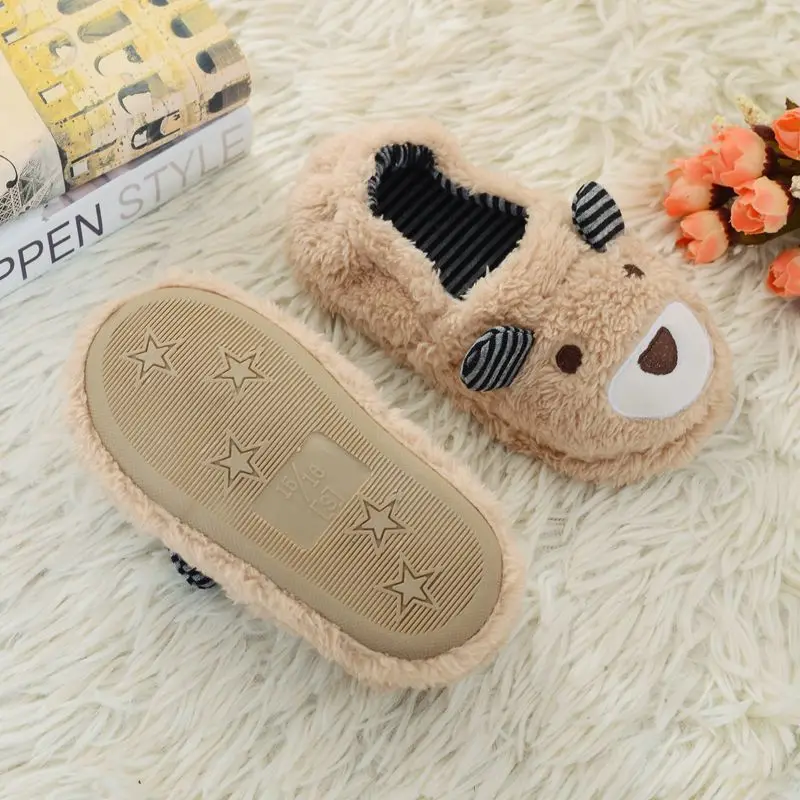 Fashion Toddler Boy Slippers for Winter Baby Loafers Plush Warm Cartoon Bear Rubber Sole Children Home Shoes Kids House Footwear