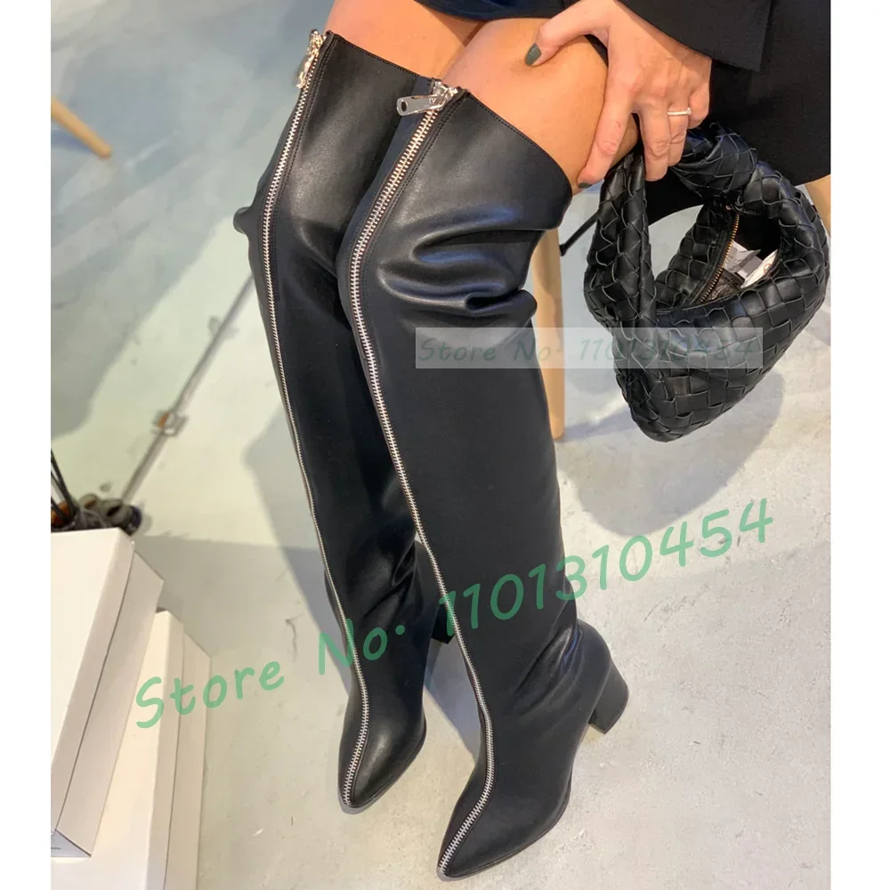 

Front-zip Block Heel Long Boots Sexy Women's Pointy Black Thigh High Low Heel Boots Newest Streetwear Big Size Solid Leggy Shoes