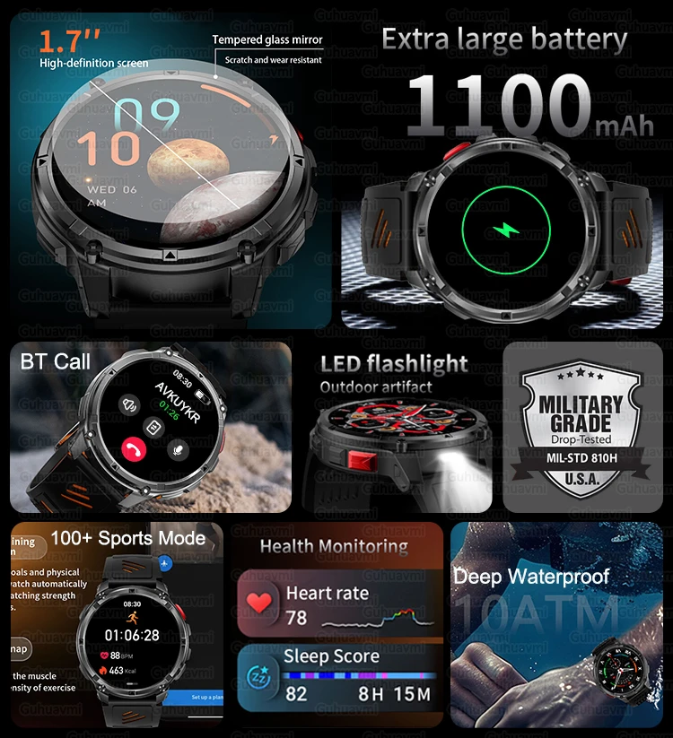 2026 New GPS Outdoor Smart Watch 1.7''AMOLED Screen 1100mAh Large Battery 10ATM Waterproof Compass Sport Men Fitness Bracelet