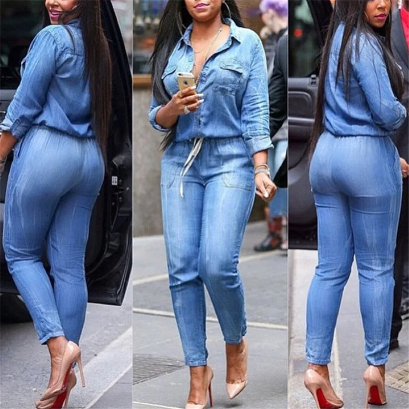 Fashion Denim Jumpsuits For Women 2020 Casual Long Sleeve Female Rompers Blue Ladies Jeans Playsuits Women Overalls