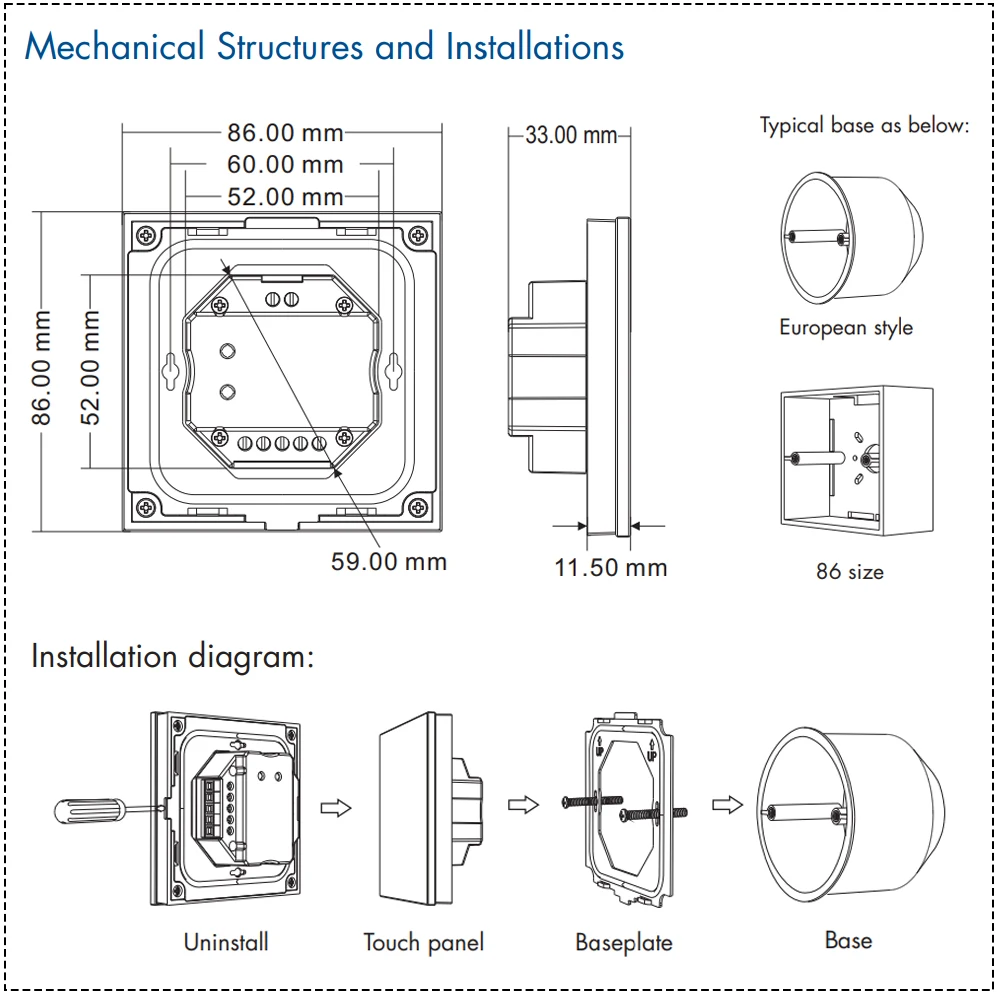 LED Wall Switch Dimmer LED Controller Wall- Mounted Glass Cover Touch Panel Switch for DC12V-24V COB 5050 Single Color LED Strip