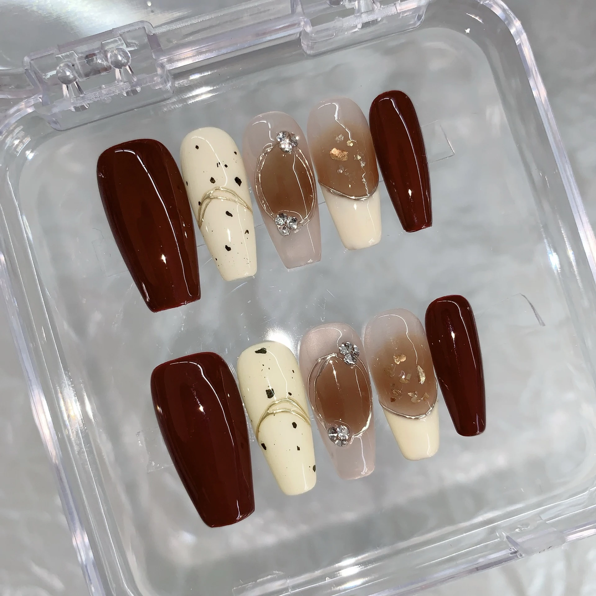 10 stuks Amber Kleur Smudge Vierkante Nagel Tips Art Goudfolie Ontwerp Stok op Kunstnagels Cat Eye Glitter Afneembare Handgemaakte Nagels