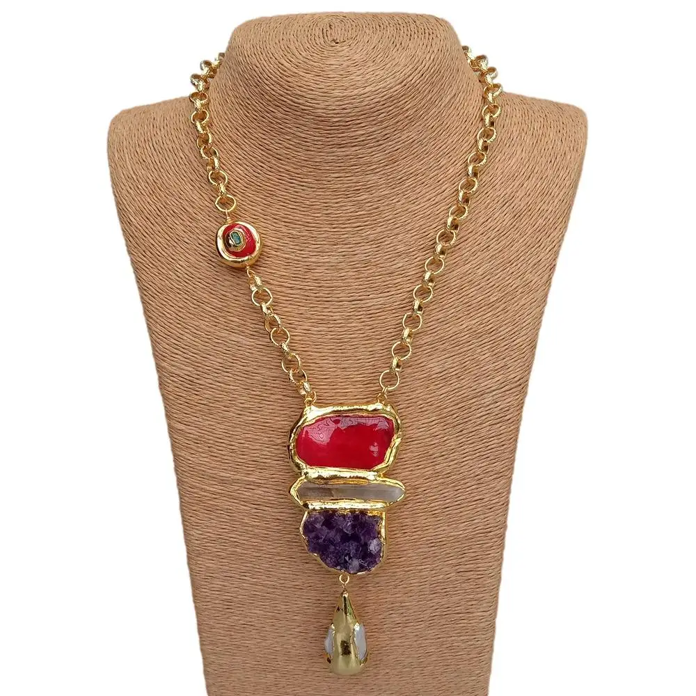 Y·YING Red Coral Amethyst Druzy White Quartz Biwa Pearl Pendant Gold Plated Chain Necklace