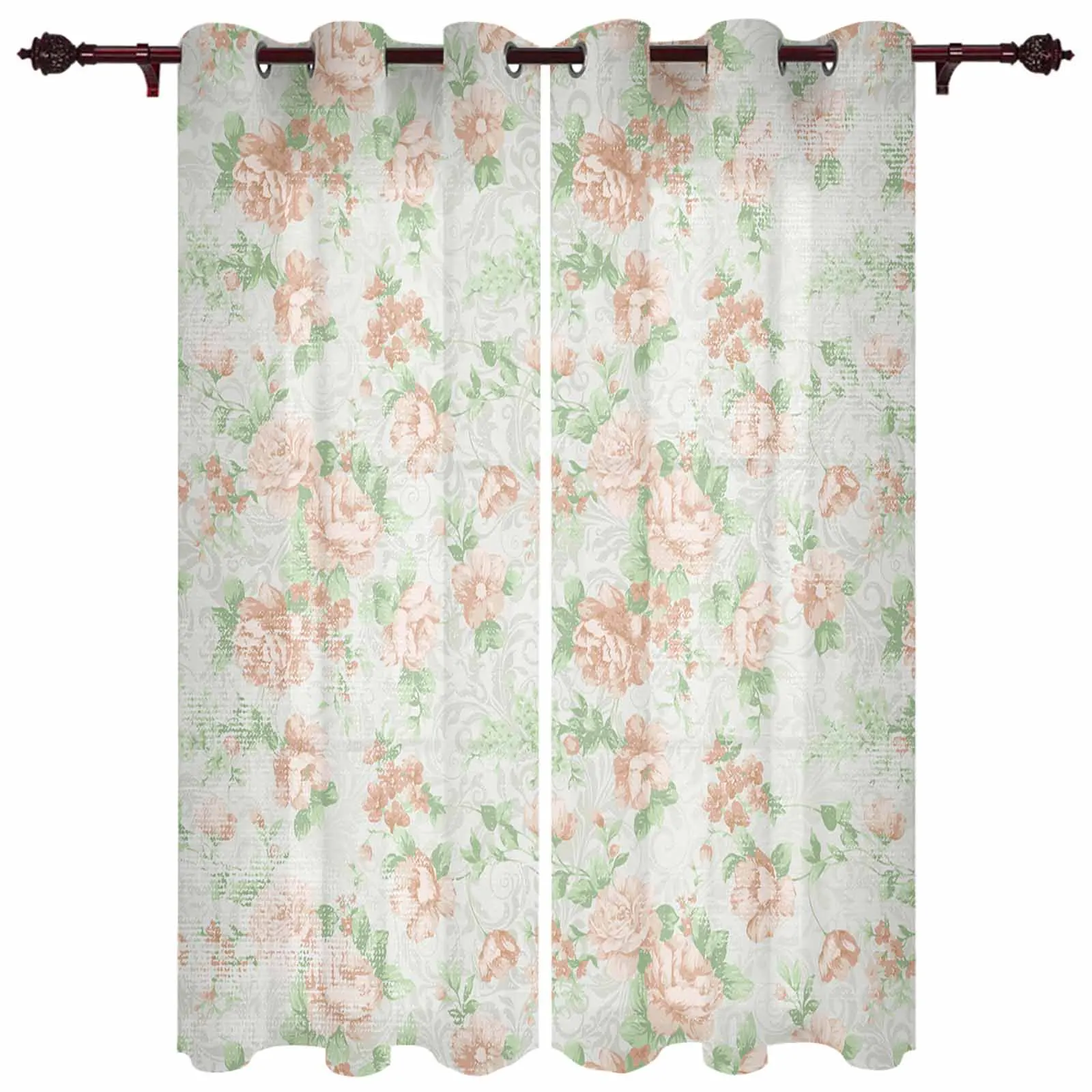 Flower Illustration Camellia Retro Modern Living Room Decor Window Treatments Drapes Balcony Kitchen Window Curtains